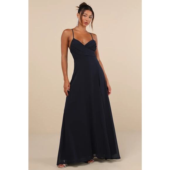 NWOT Lulus Event Ready Navy Backless Lace-Up Maxi Dress Wedding Bridesmaid Sz L - Picture 1 of 7
